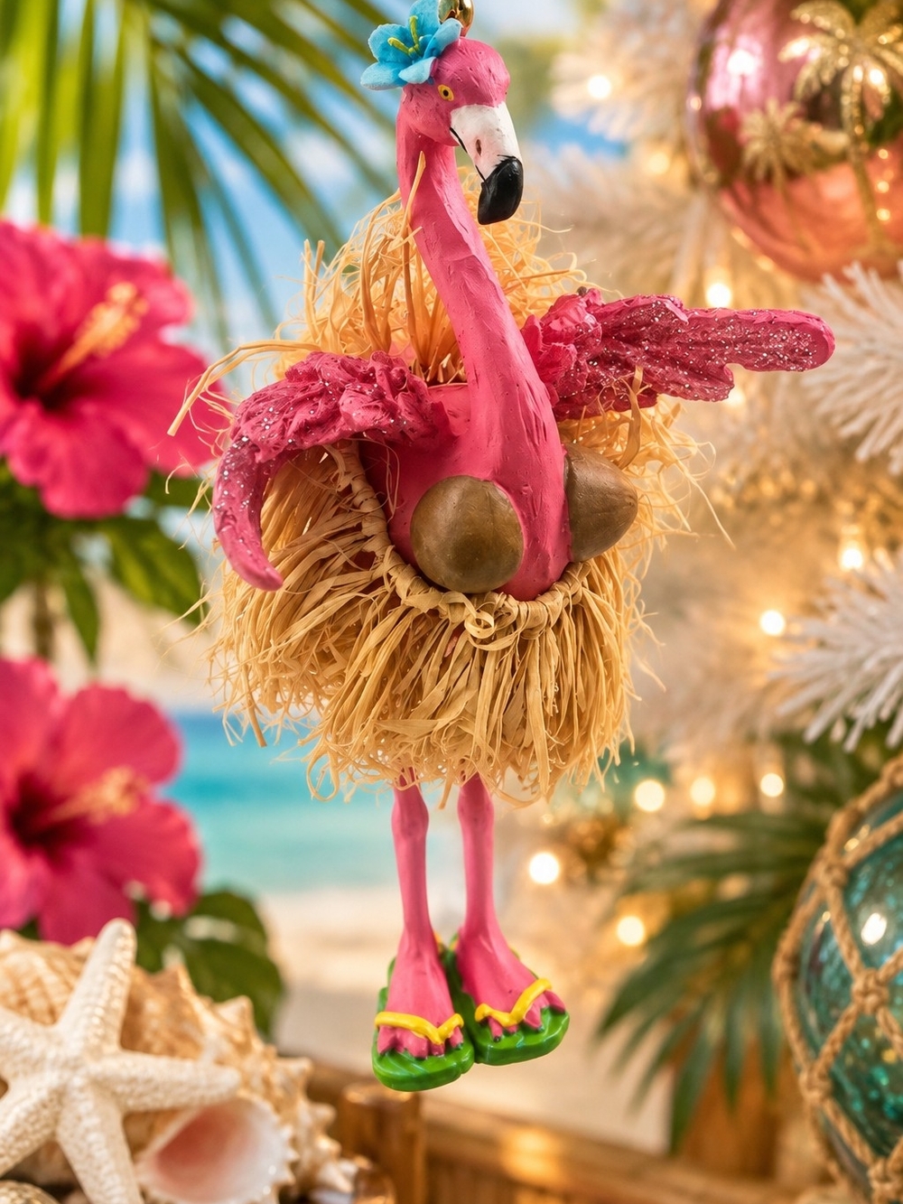 2007 Pink Flamingo Hula Girl Ornament Grass Skirt Tropical Kitsch 5"